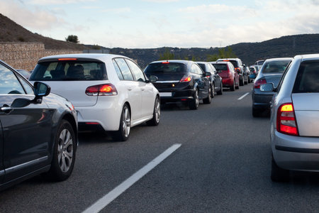 Traffic jam in a highway at evening rush hour