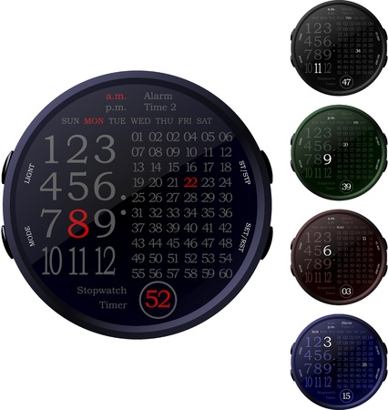 Five isolated digital clocks in the color variations on a white backgroundのイラスト素材