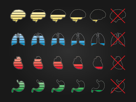Colorful set of simple icons that show battery charge. Icons are made in the form of human organsのイラスト素材