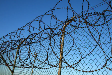 barbwire on a fence with blue sky