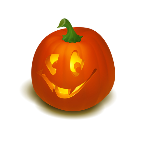 Realistic vector Halloween pumpkin with candle inside. Happy face Halloween pumpkin isolated on white background.. Vector Eps 10のイラスト素材