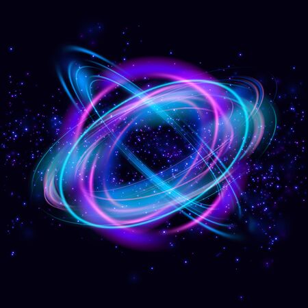 Magic circle light effects. Illustration isolated on dark background. Mystical portal. Glow ring. Magic neon ball. Abstract glowing circles on black background. Vector.のイラスト素材