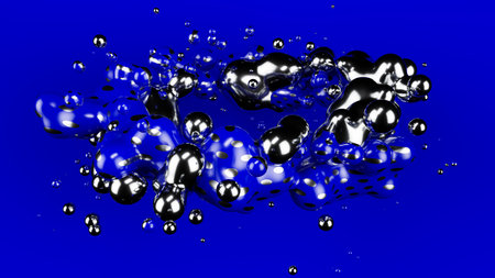 Silver metall ball, Blue ball abstract. Blue matte background. Metaball. Studio light. 3d...