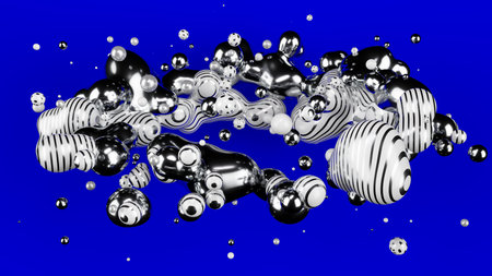 Silver metall ball, White decorative ball abstract. Blue matte background. Metaball. Studio light....