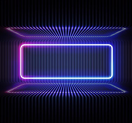 Neon color geometric round rectangle on metal stripe pattern background. Round rectangle mystical portal, luminous line, neon sign. Reflection of blue and pink neon light on the floor. Vector. EPS 10のイラスト素材