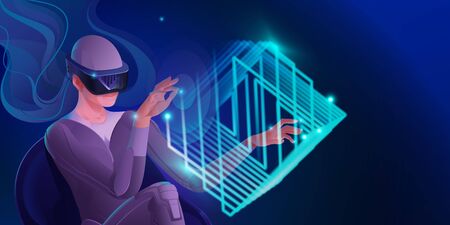A woman in a virtual reality helmet plays, passing a virtual maze in a cube. Vector image of modern technologies for communication, games, creativity. Banner in blue tones.のイラスト素材