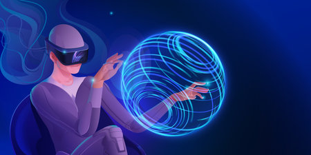 A woman in a virtual reality helmet is engaged in creativity, creates a glowing virtual ball with...