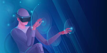 Woman in virtual reality helmet touches virtual interface buttons with her hands. Vector image of modern technologies for communication, games, creativity. Banner in blue tones.のイラスト素材