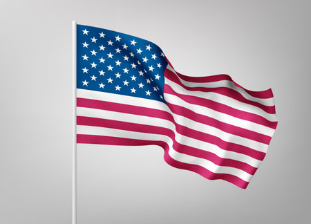 Flags of United States of America on white steel poles isolated on white background. National symbol...
