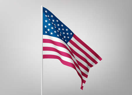 Flags of United States of America on white steel poles isolated on white background. National symbol of USA, silk waving banner with red and white stripes, with stars on blue color. Vector 3d realistic illustration.のイラスト素材