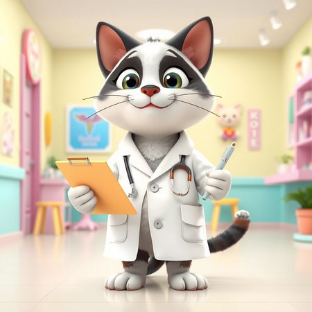 Cute cartoon cat doctor with a stethoscope and a clipboardの素材