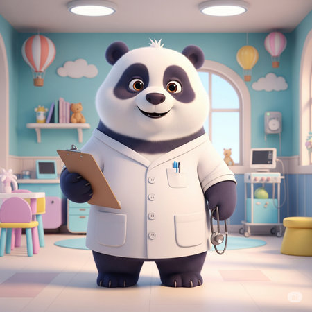 Panda doctor with stethoscope and clipboard in childrens roomの素材