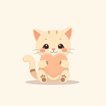 Cute cartoon cat with heart. Vector illustration in flat style.の素材