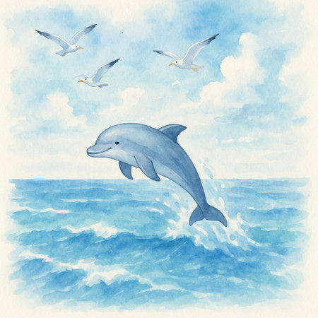 Watercolor illustration of a dolphin jumping out of the sea with seagullsの素材