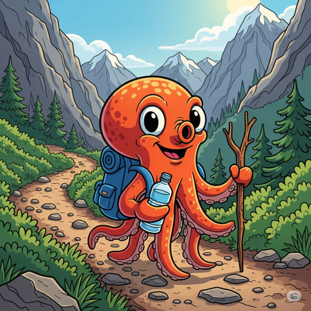 Illustration of a cute cartoon octopus on a hike in the mountainsの素材