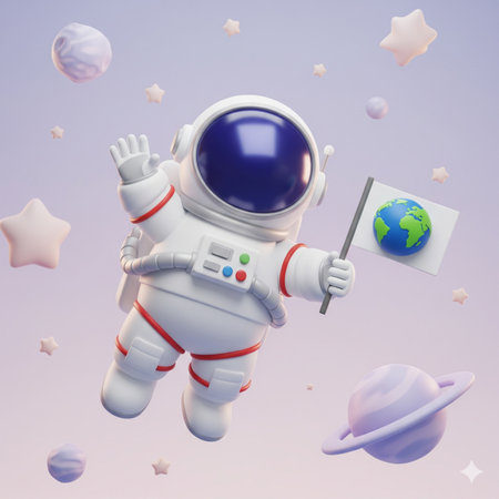Astronaut with flag and planets in background. 3D rendering.の素材