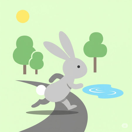 Rabbit running on the road in the park. Vector illustration.の素材