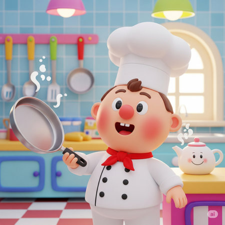 3d illustration of a boy chef with a pan in the kitchenの素材