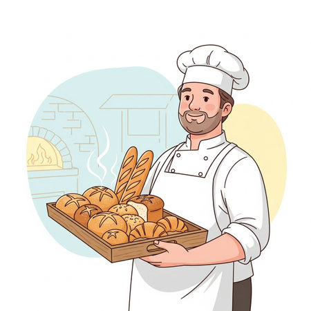 Baker holding a tray of bread. Vector illustration in cartoon style.の素材