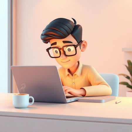 3d illustration of cartoon character working on laptop in the office.の素材