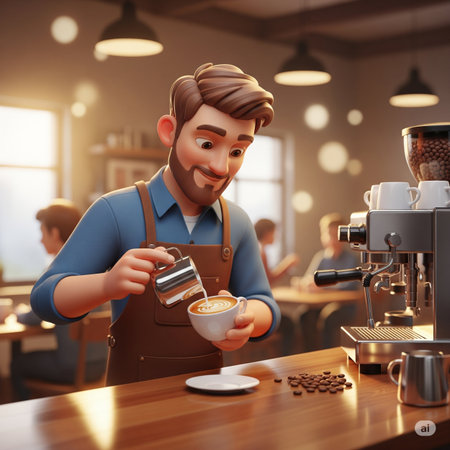 Coffee shop. Portrait of a smiling barista holding a cup of coffee in his hands.の素材
