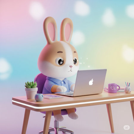 Easter bunny with laptop on the table. 3d illustration.の素材