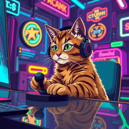 Funny cat playing online video games on computer. Vector illustration.の素材