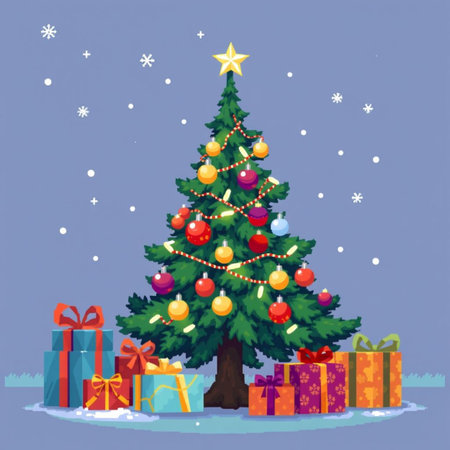 Christmas tree with gifts on blue background. Vector illustration for your designの素材