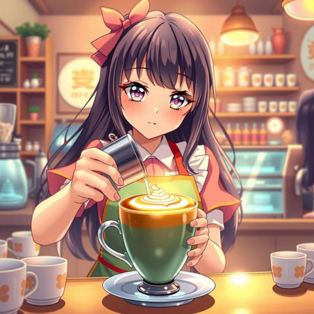 Cute cartoon girl with a cup of coffee in a cafe.の素材