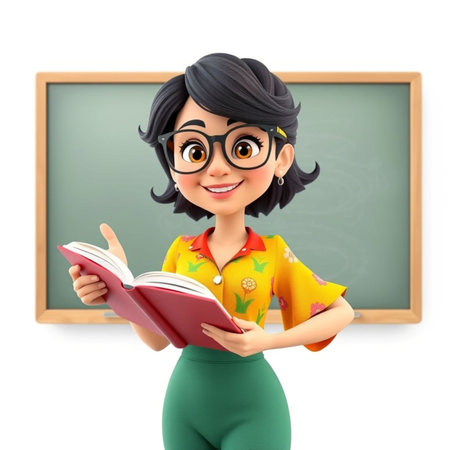 3d illustration of asian girl in glasses reading a book while standing against blackboardの素材