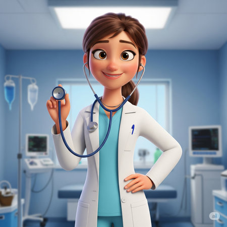 Female doctor holding stethoscope in hospital room. 3D rendering.の素材