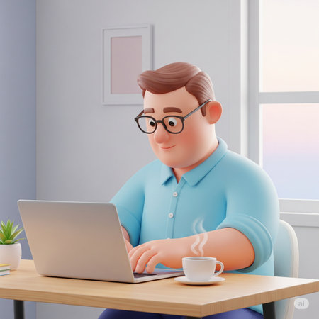 A man in glasses sits at a table with a laptop and a cup of coffee. 3d rendering.の素材