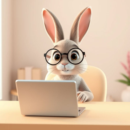 Cute rabbit with glasses and laptop on table in room. 3d renderingの素材