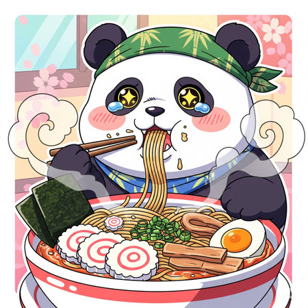 Illustration of cute panda bear eating ramen noodle.の素材
