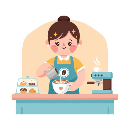 Coffee break. Cute girl in apron making coffee. Vector illustrationの素材