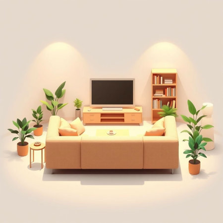 Living room with sofa, tv and plants. 3D rendering.の素材