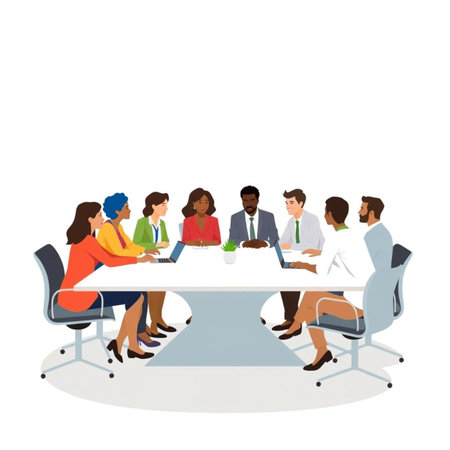 Business people sitting around table in meeting room. Isolated vector illustration.の素材