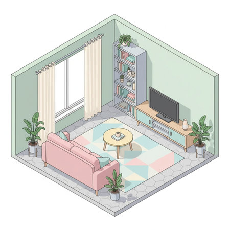 Living room isometric view with furniture and interior elements isolated vector illustrationの素材