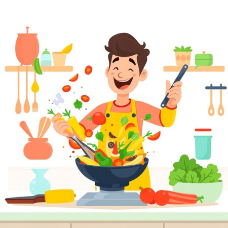 Cheerful boy cooking vegetable salad in the kitchen. Vector illustrationの素材