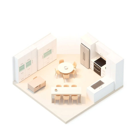 Kitchen and dining room on a white background. 3d renderingの素材