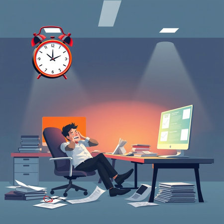 Businessman sleeping in the office. Vector illustration in cartoon style.の素材