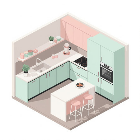 Kitchen interior isometric view with furniture and kitchenware vector illustrationの素材