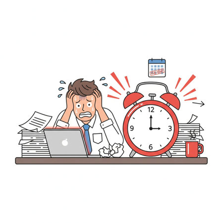 Tired and stressed businessman working at office. Cartoon vector illustration.の素材
