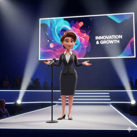3D Illustration of a beautiful young woman in a suit speaking into a microphone.の素材