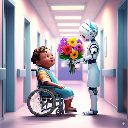 Cute boy in a wheelchair with a bouquet of flowers and a robotの素材