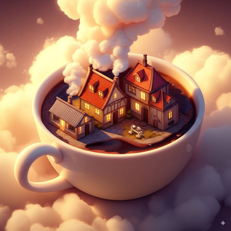 Cup of coffee with house in the clouds. 3D illustration.の素材