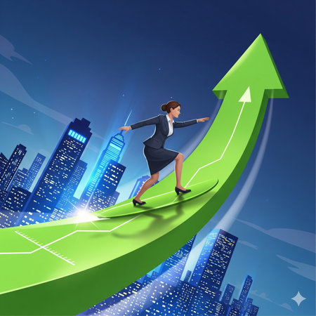 Vector illustration of businesswoman standing on green arrow going up over city backgroundの素材