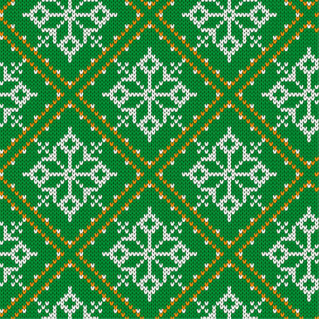 Christmas knitting seamless pattern with snowflakes. Knitted green sweater design. Traditional christmas knitted ornamental pattern with snowflakes. Vector illustration.のイラスト素材