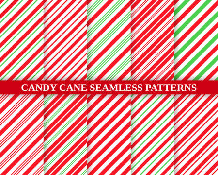 Candy cane seamless pattern. Christmas striped background. Vector. Red green peppermint wrapping texture. Xmas holiday diagonal stripes. Set of cute caramel package prints. Geometric illustration.のイラスト素材