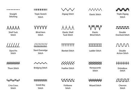 Sewing stitches. Embroidery seams. Vector. Set of machine thread sew brushes. Overlock zigzag seamless elements. Simple graphic illustration. Line border isolated on white background.のイラスト素材